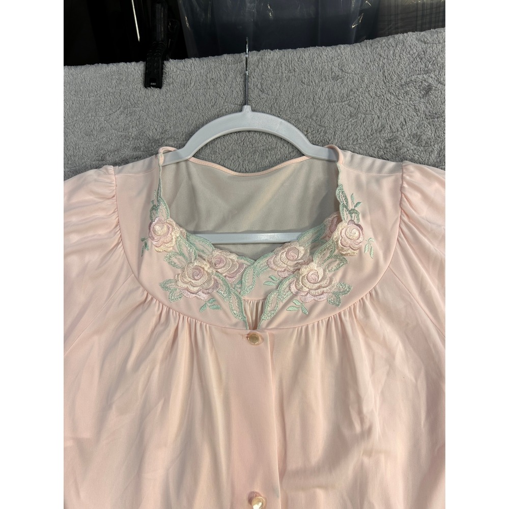 Shadowline Pink Nylon Floral Embroidered Nightgown Lounger Robe Medium